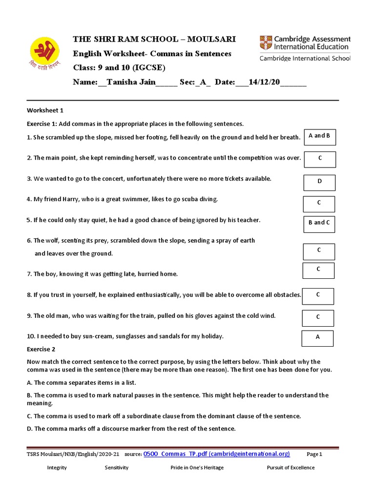 Commas Worksheet | PDF