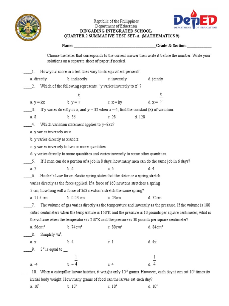 Mathematics 9 Quarter 2 Test Questions | PDF