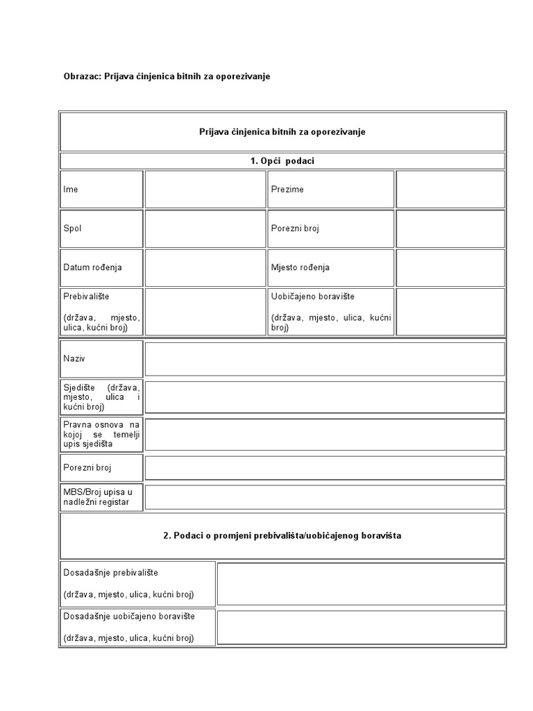 Prijava Činjenica Bitnih Za Oporezivanje | PDF