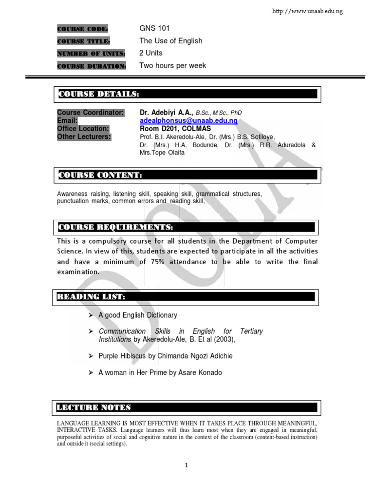 GNS 101: Use of English Course Overview | PDF