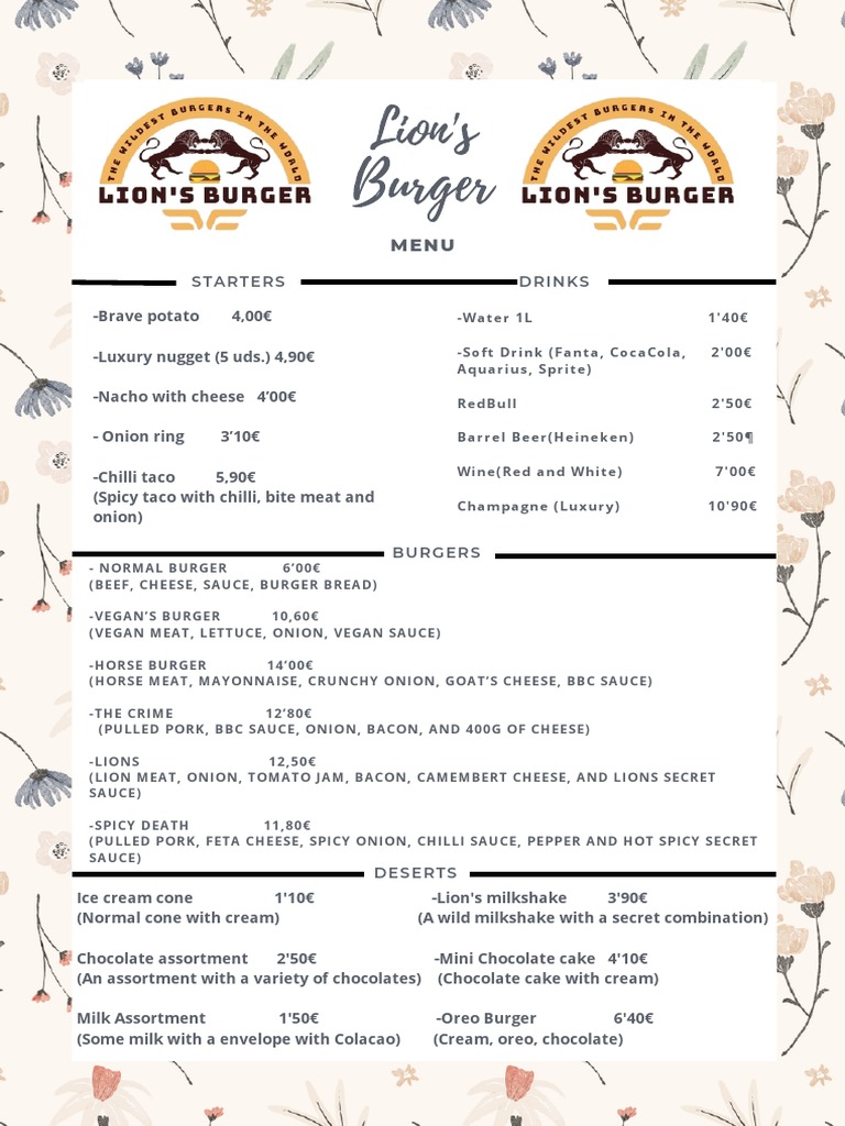 Restaurant Lion's Burger PDF | PDF | Hamburgers | Milkshake
