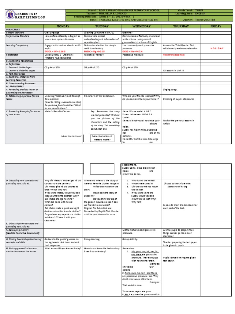 English Lesson Plan for Grade 3 | PDF