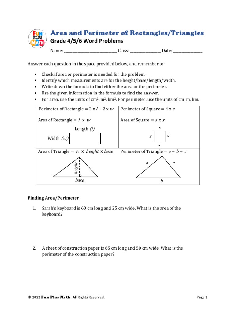 Area and Perimeter of Rectangles/Triangles Grade 4/5/6 Word Problems PDF
