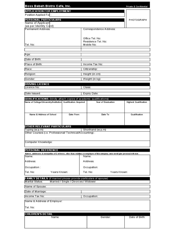 Employment Application Form - Boss Bebeh Bistro | PDF