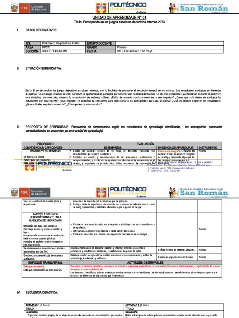 Unidad de Aprendizaje - 01 - DPCC - 1° | PDF