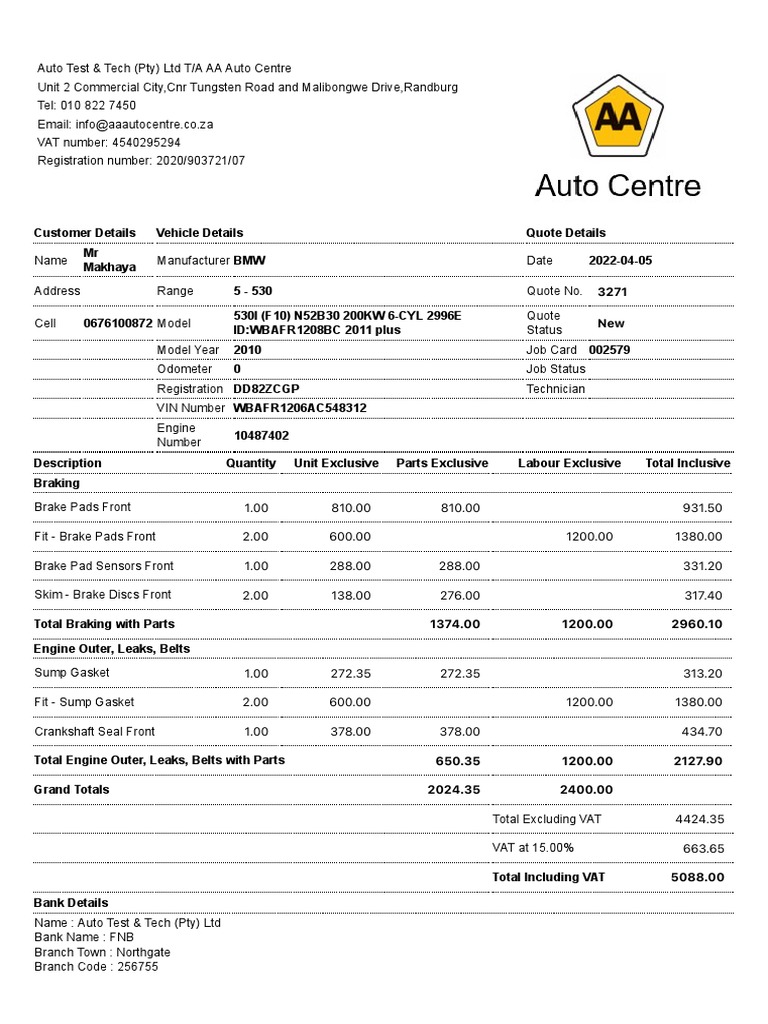 BMW 530I Service Quote Details | PDF