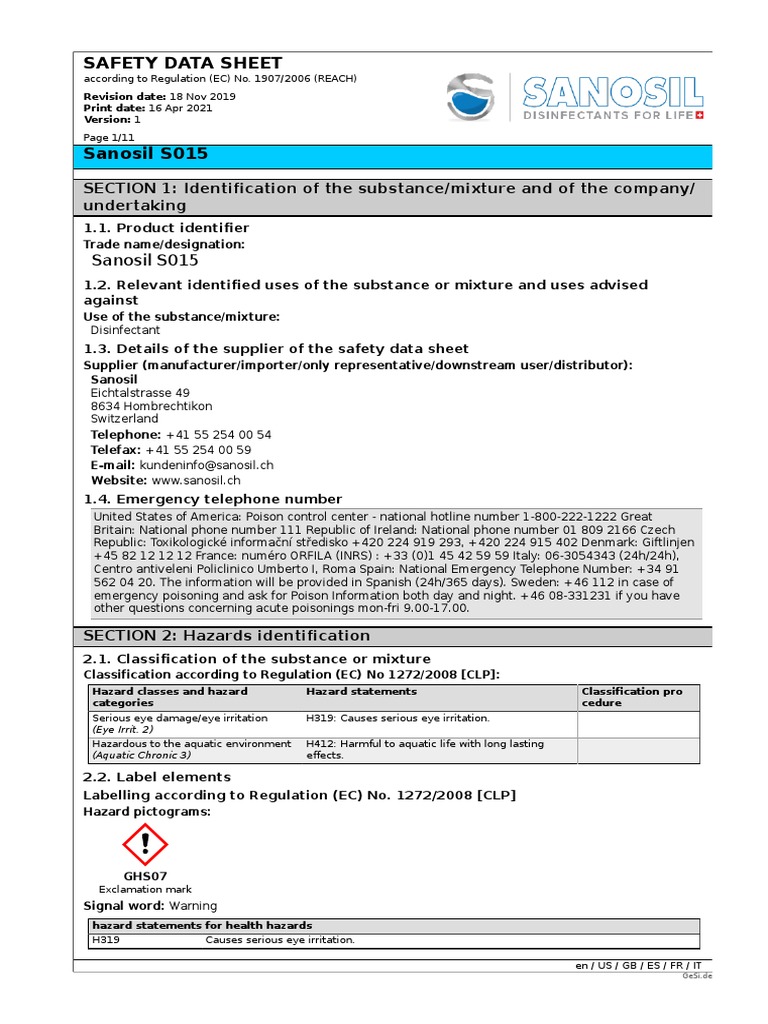 Sanosil S015 Safety Data Sheet | PDF