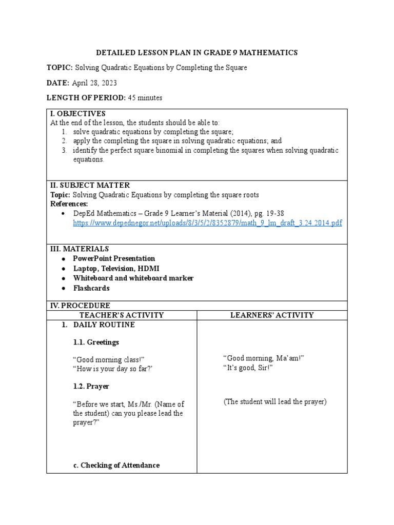 Grade 9 Lesson Plan: Completing Squares | PDF | Equations | Quadratic ...