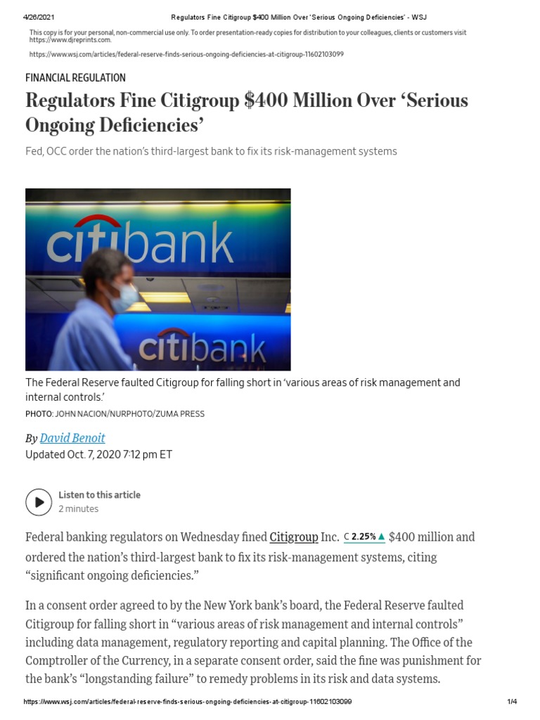 254 Regulators Fine Citigroup 400 Million Over ‘Serious Ongoing