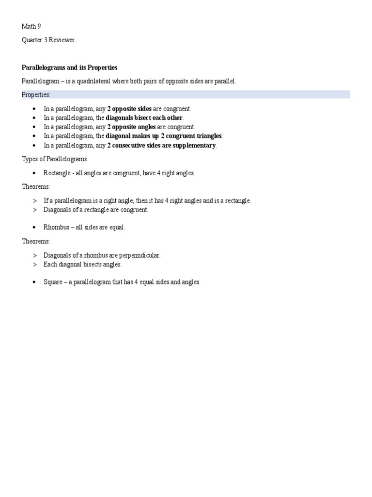 Math 9 Quarter 3 Review: Parallelograms | PDF