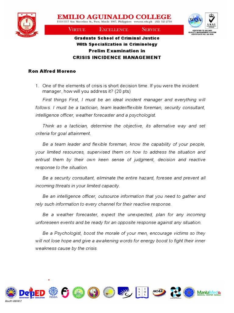 Ron alfred moreno crisis intervention management prelim examination pdf