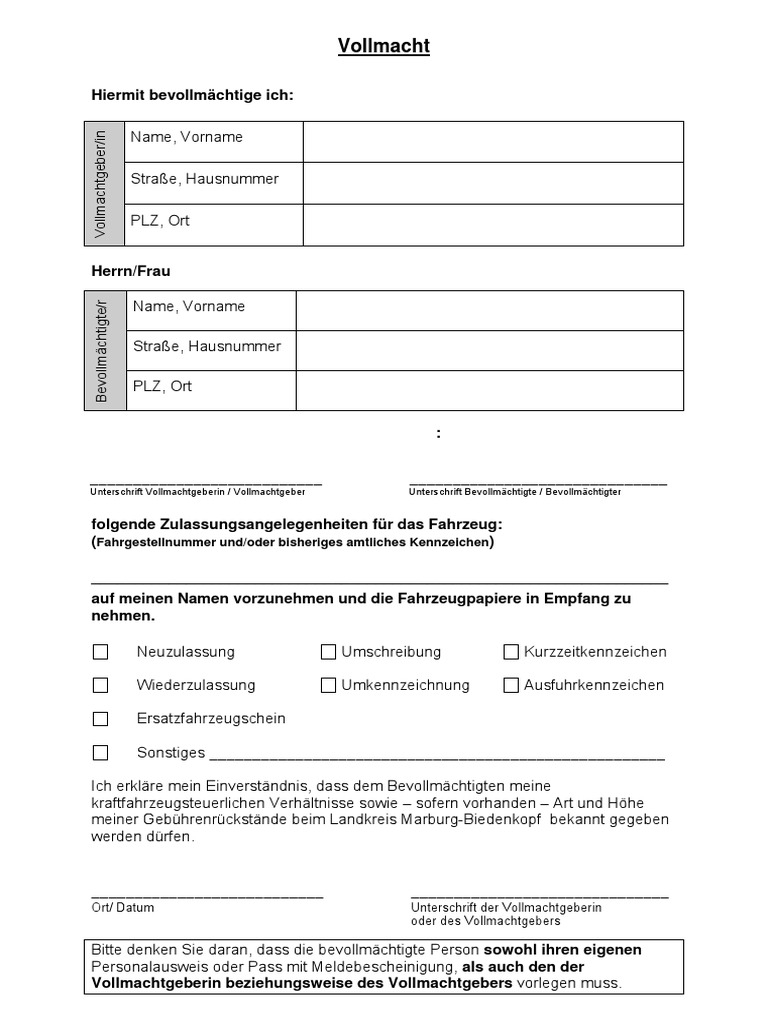 Kfz Zulassen Mit Vollmacht