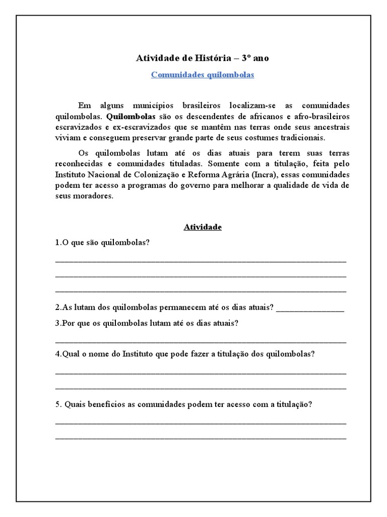 Atividade sobre Comunidades Quilombolas 3º Ano | PDF