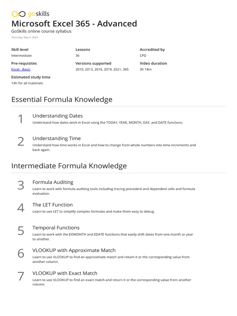 Microsoft Excel 365 - Advanced - GoSkills course syllabus.pdf | PDF