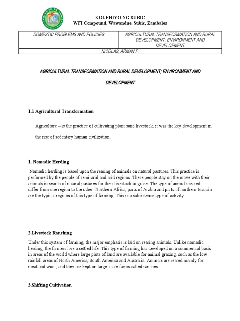 Agricultural transformation and rural development environment and