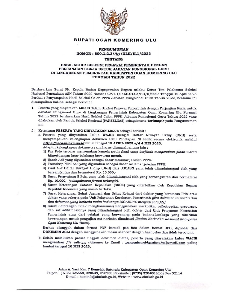 Hasil Akhir Seleksi P3K Guru Formasi 2022 | PDF