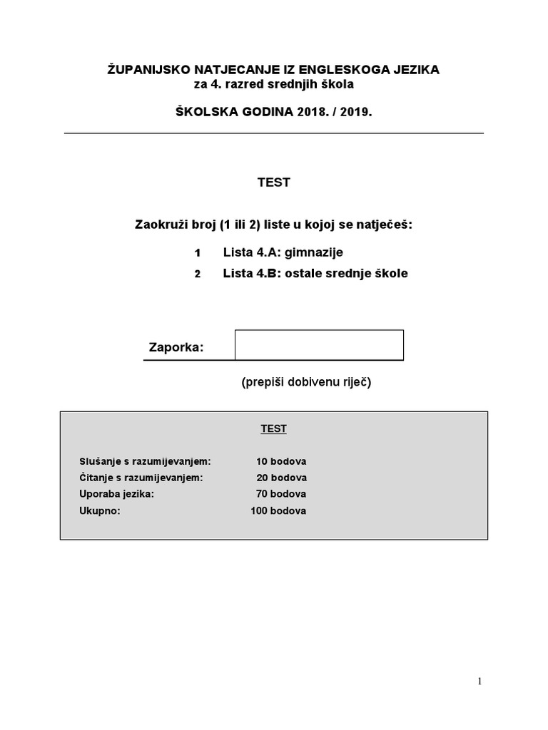 4th Grade English Test With Key Pdf