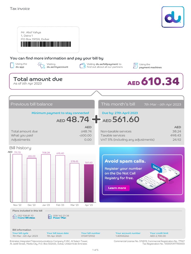 Pay your AED 610.34 telecom bill by 27th April 2023 | PDF | Economies ...