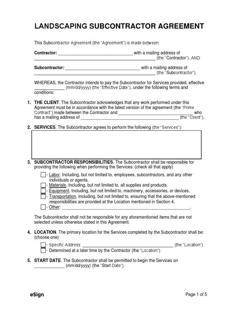 Landscaping Subcontractor Agreement Template PDF PDF