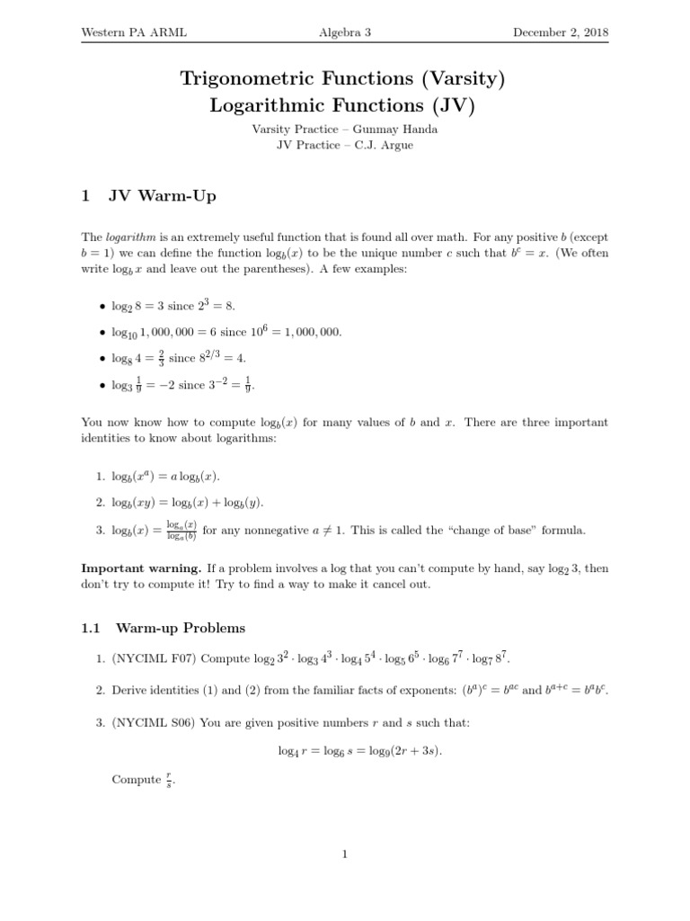 Logarithmic Functions Practice Problems | PDF