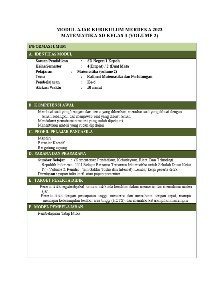 Modul Ajar Kurikulum Merdeka Kelas 4 Semester 2 Matematika Pdf