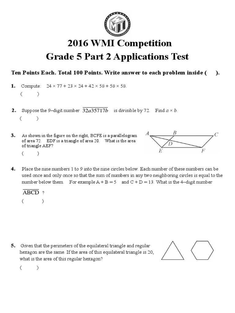 Grade 5 WMI Competition Test 2016 | PDF