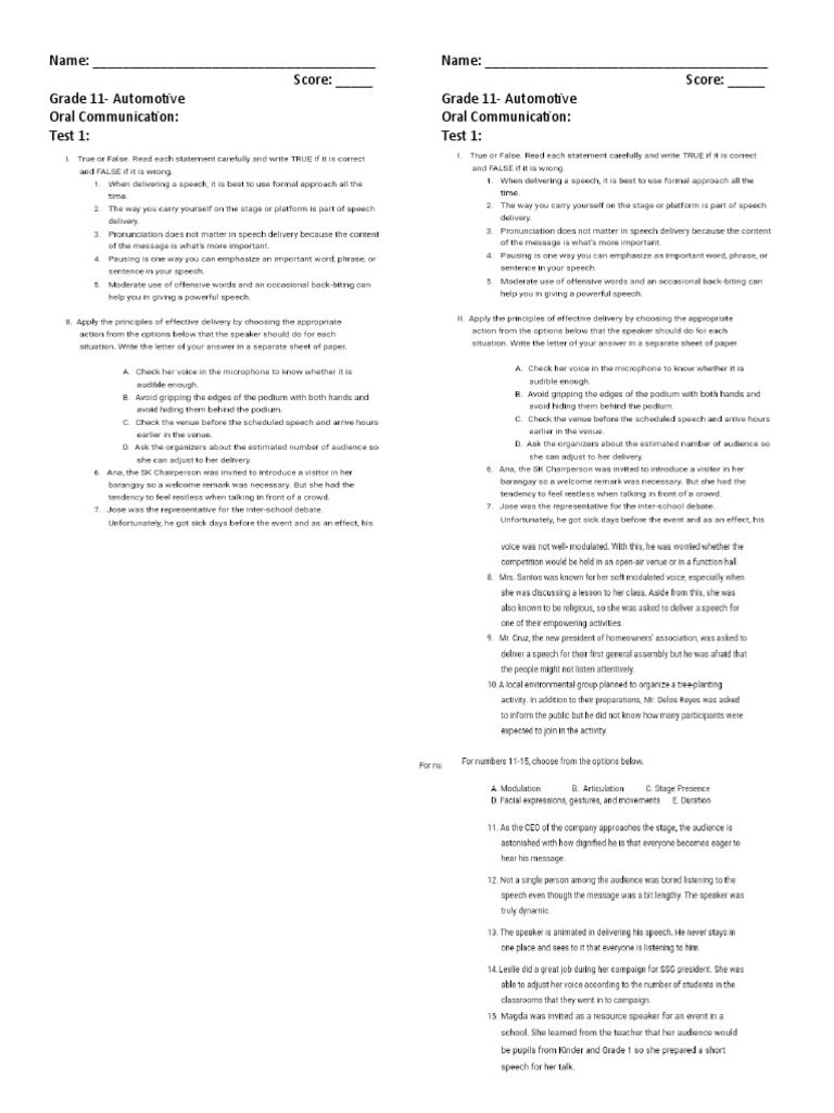 Oral Communication Test for Grade 11 Automotive Students PDF