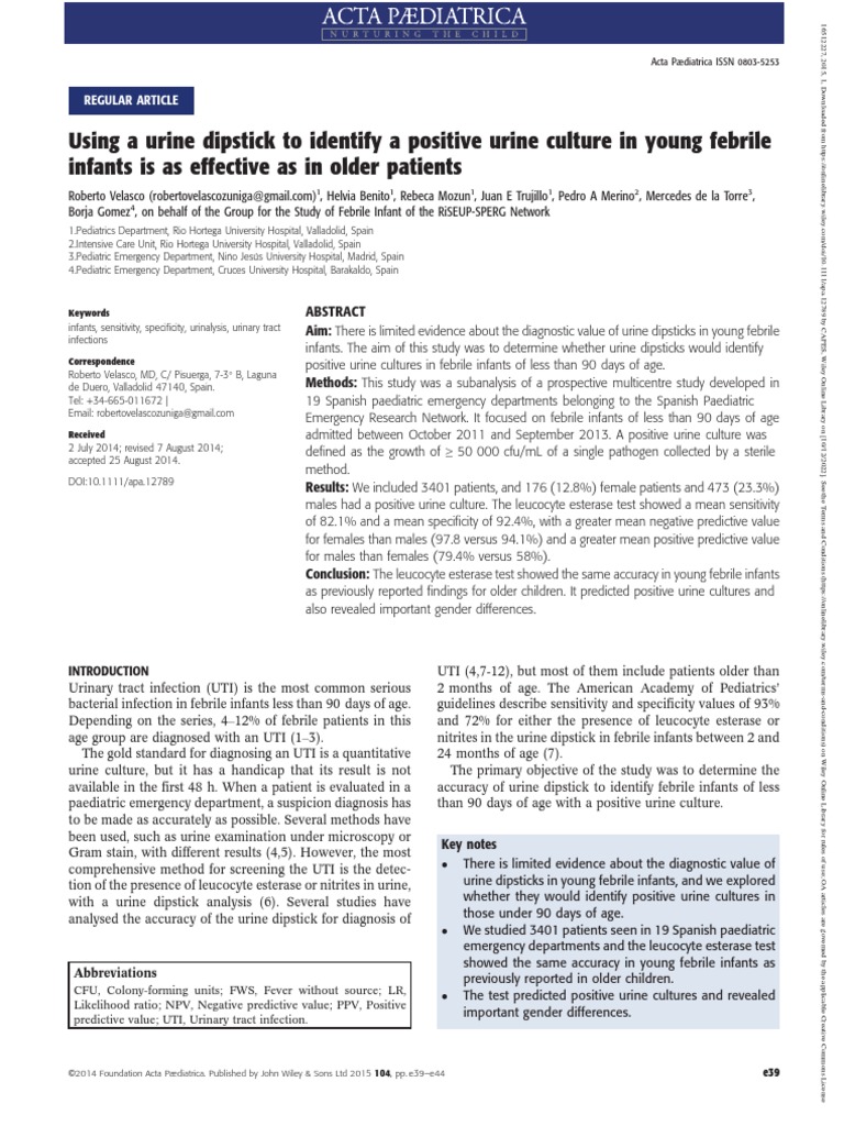 Acta Paediatrica 2014 Velasco Using a urine dipstick to identify