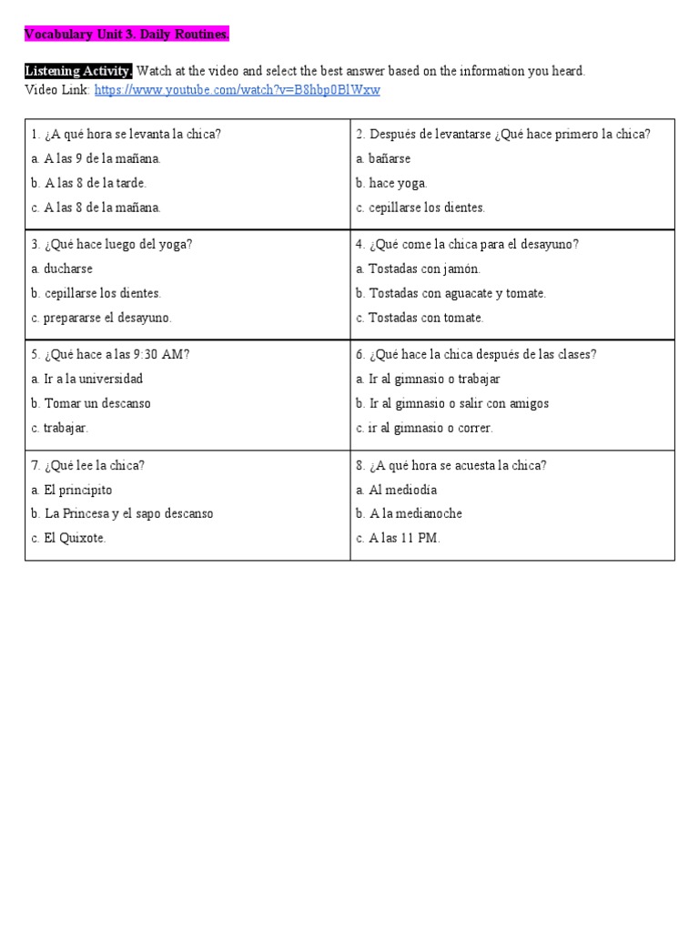 Rutinas Diarias: Actividades y Vocabulario | PDF