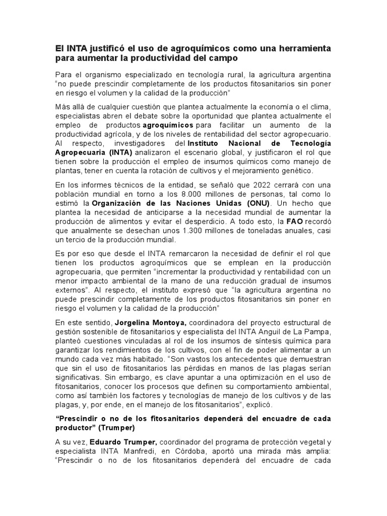 INTA Defiende Agroquímicos en Agricultura | PDF
