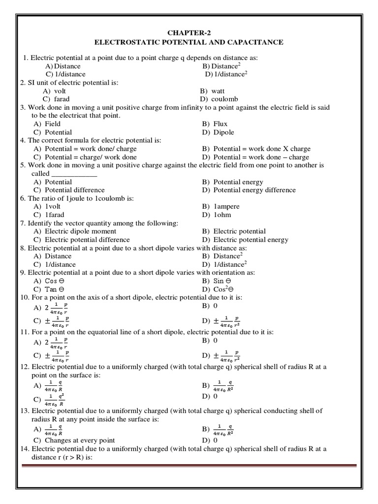 MCQ'S in Electric Potential and Capacitors PDF PDF Dielectric