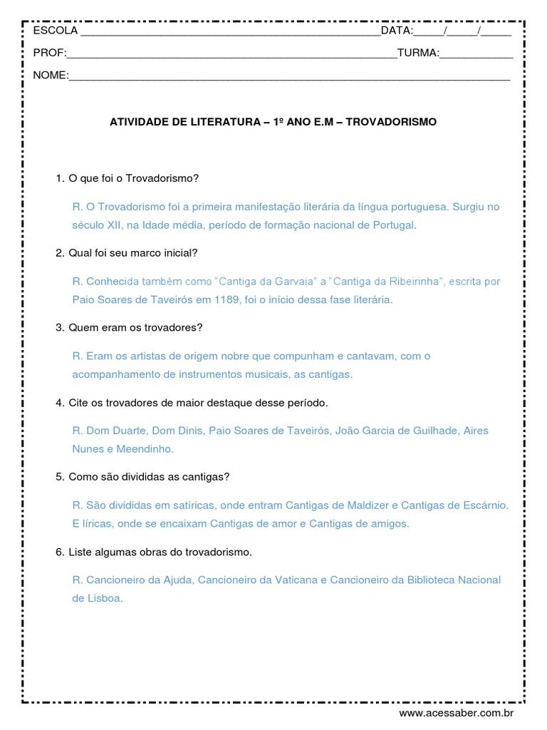 Atividade de Literatura 1o Ano E.M Trovadorismo Com Resposta PDF | PDF