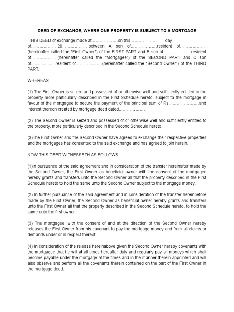 Deed of Exchange, Where One Property Is Subject To A Mortgage PDF