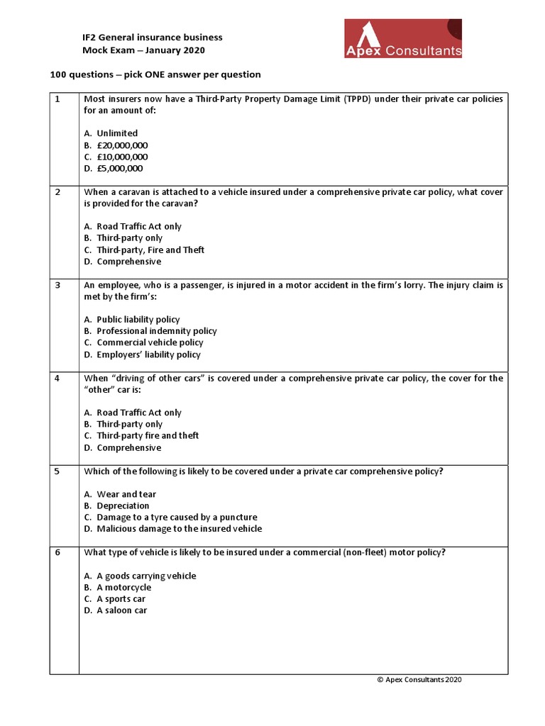 IF2 General Insurance Mock Exam 2020 | PDF