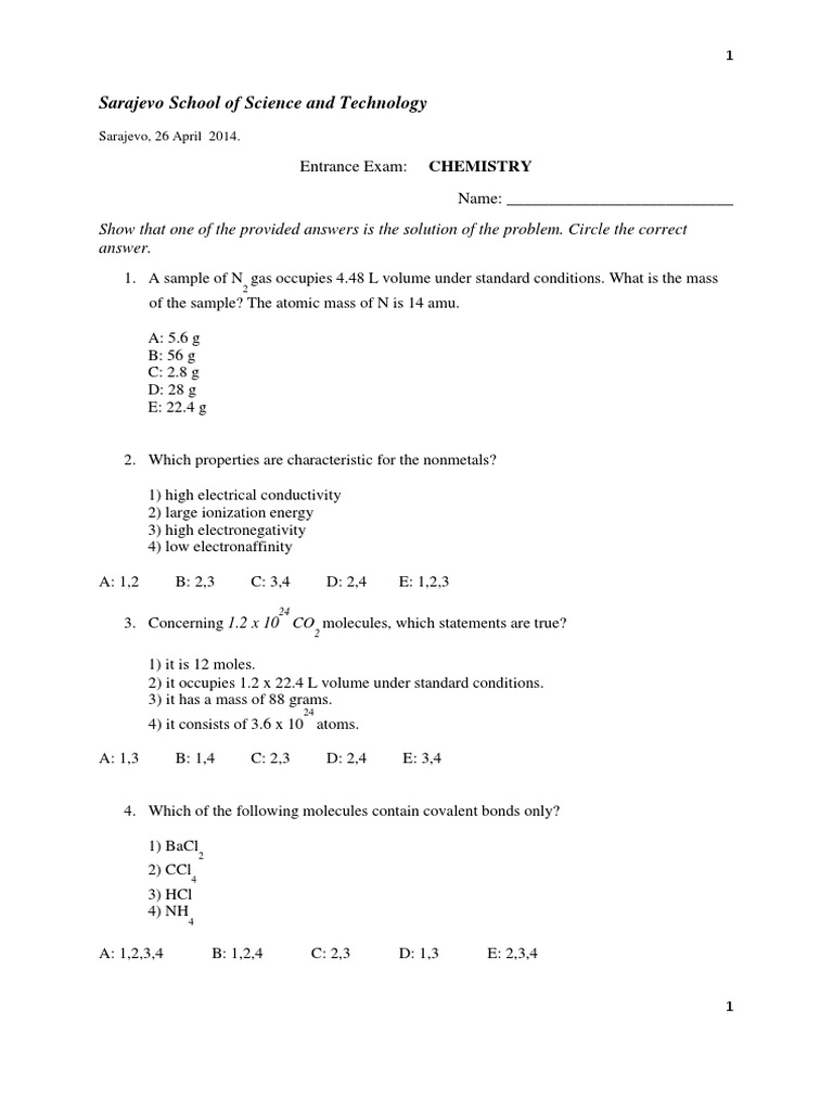 Chemistry Entrance Exam Questions | PDF | Chemical Bond | Mole (Unit)