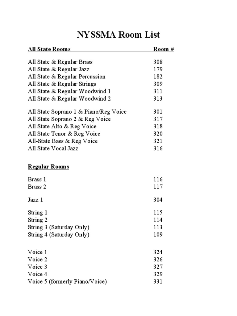 NYSSMA Room List (6695) PDF