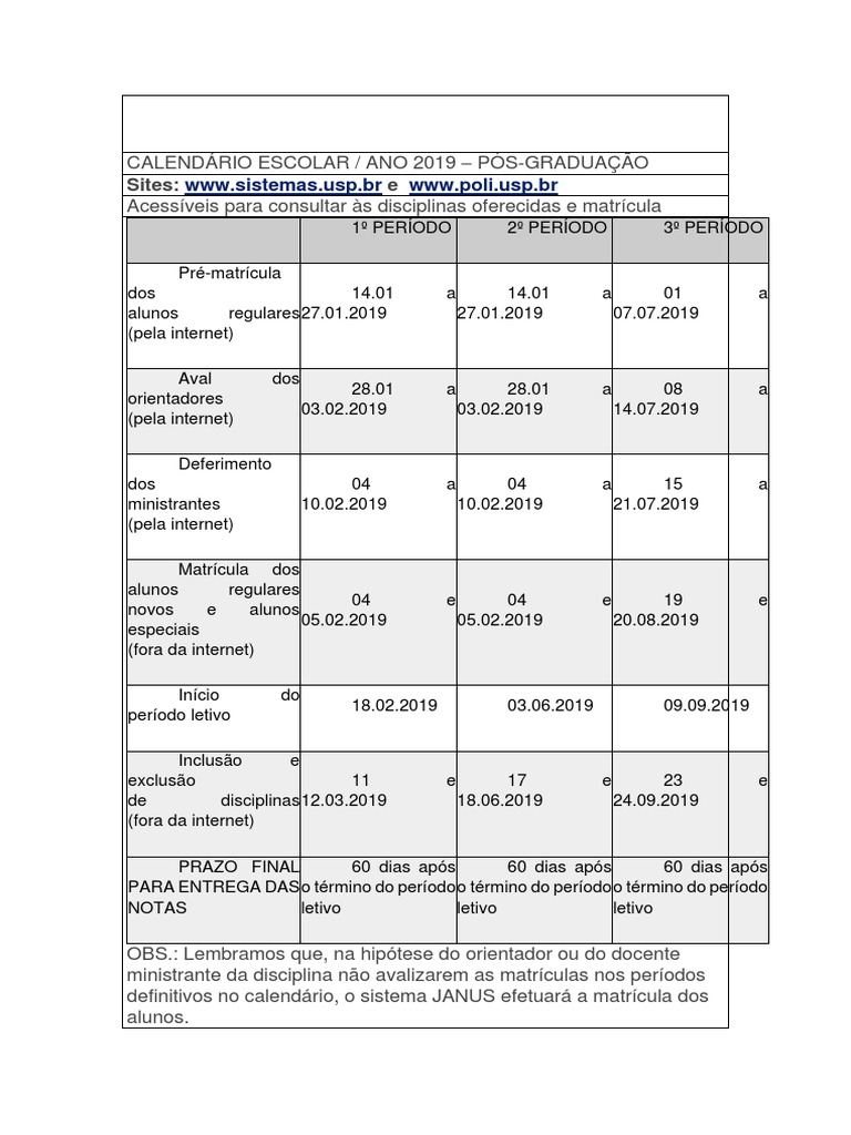 Calend rio escolar ano 2019 p s gradua o poli usp pdf