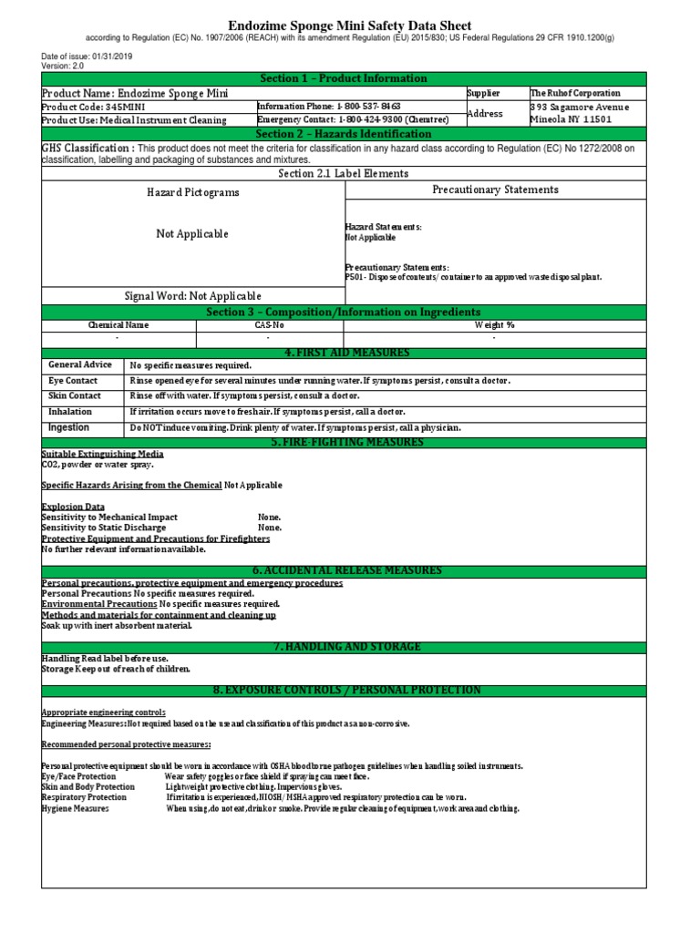 Endozime Sponge Mini SDS 345MINI Rev02 PDF Personal Protective Equipment Chemistry