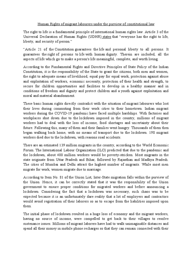 Human rights of migrant labourers under the purview of constitutional