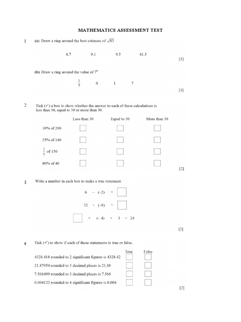 MATHEMATICS ASSESSMENT TEST | PDF