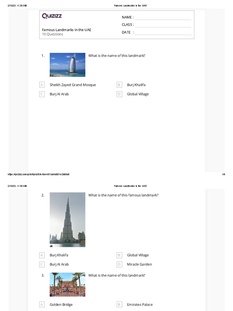 Famous UAE Landmarks Quiz | PDF | United Arab Emirates | Middle East