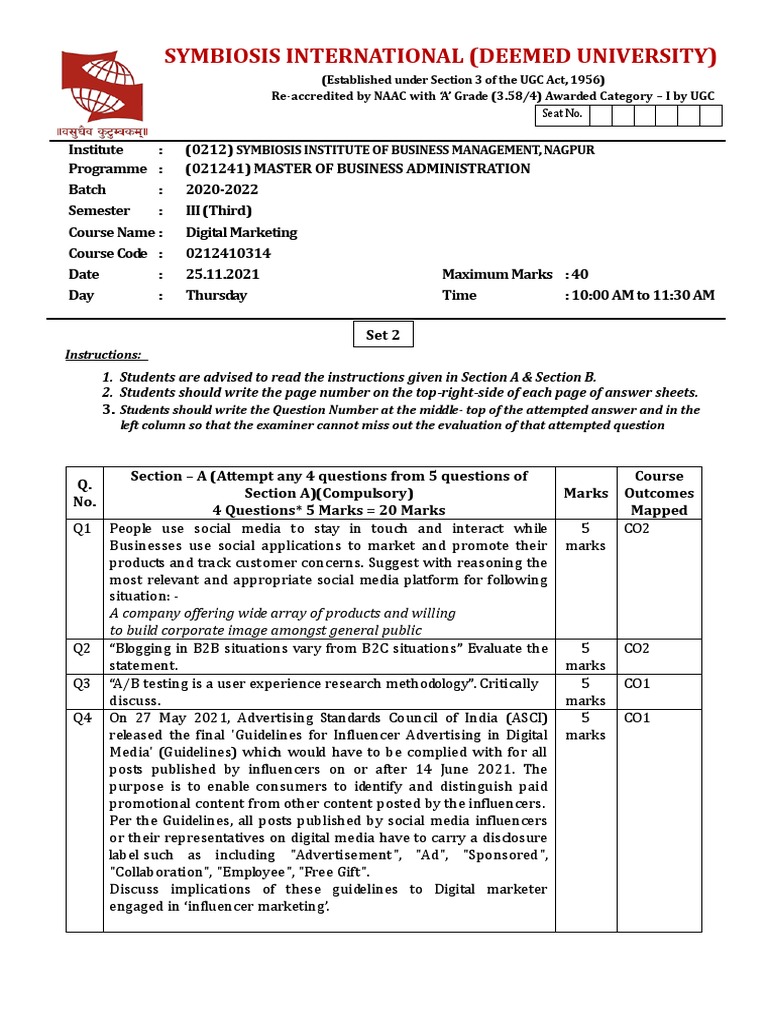 Digital Marketing Question Paper Set2 (Semester III) PDF PDF