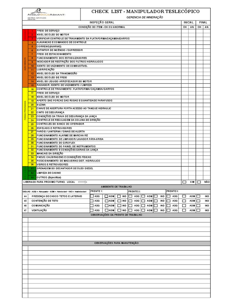 Check List Diário de Máquinas | PDF