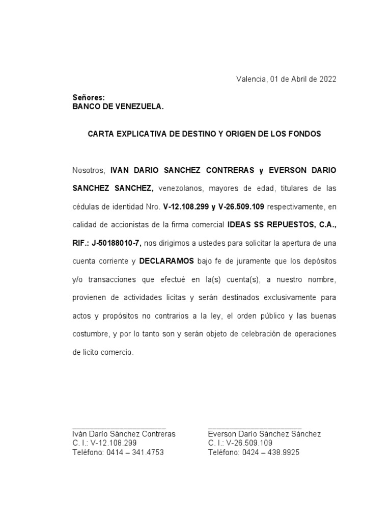 Carta Explicativa de Destino y Origen de Los Fondos | PDF