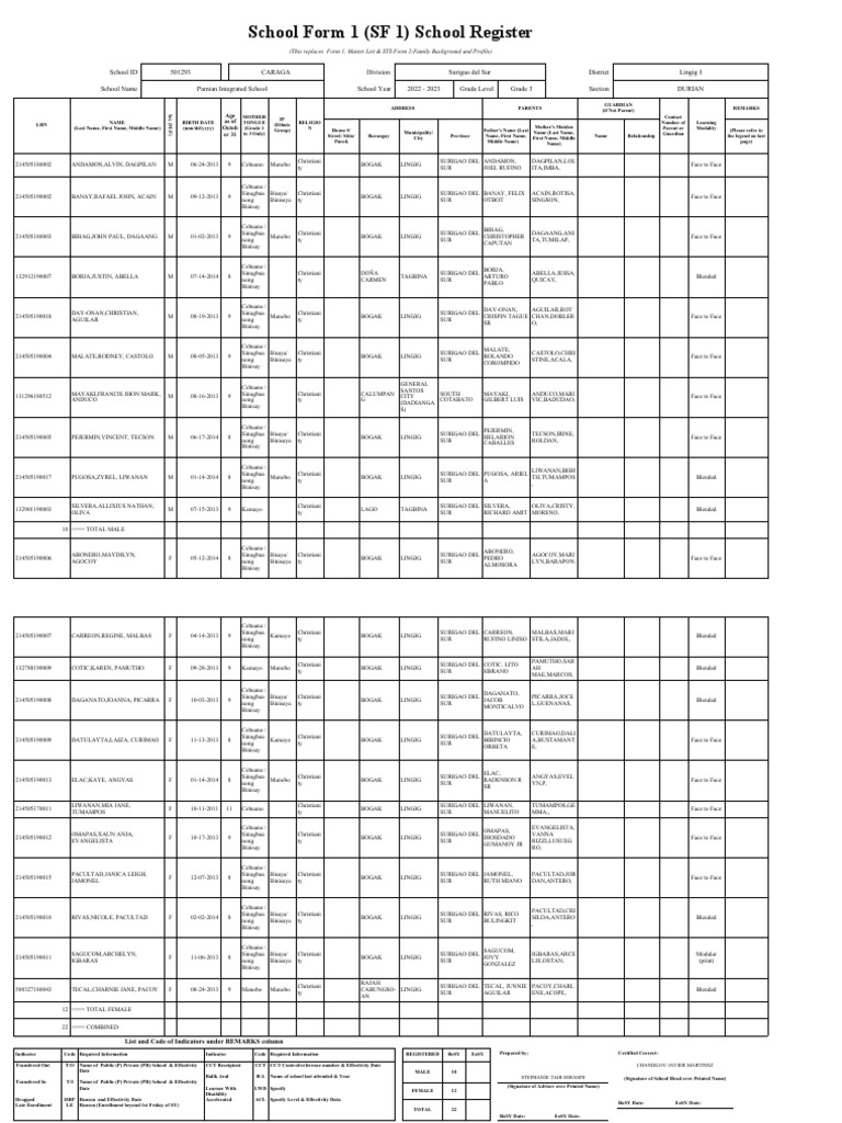 Grade 3 School Register - Pamian Integrated | PDF