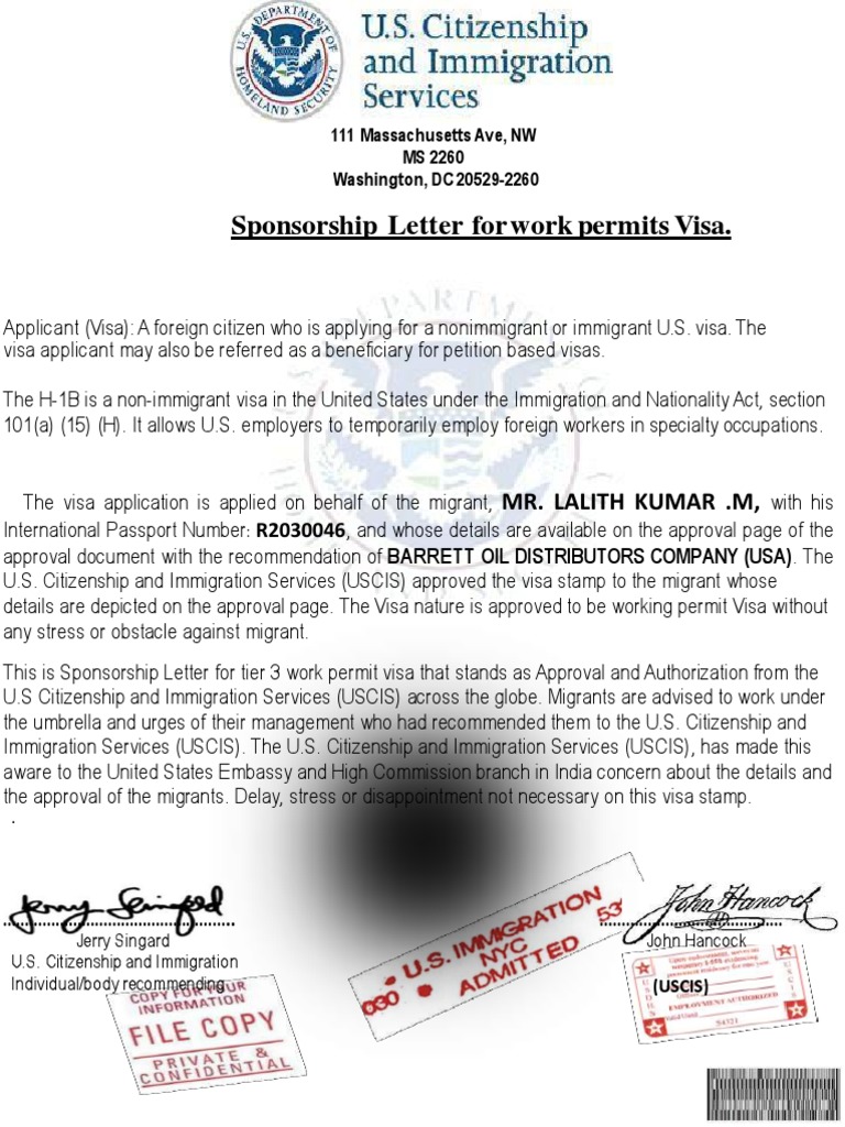 Us Sponsorship Letter & Uscis Approval. (Mr. Lalith Kumar .M) PDF
