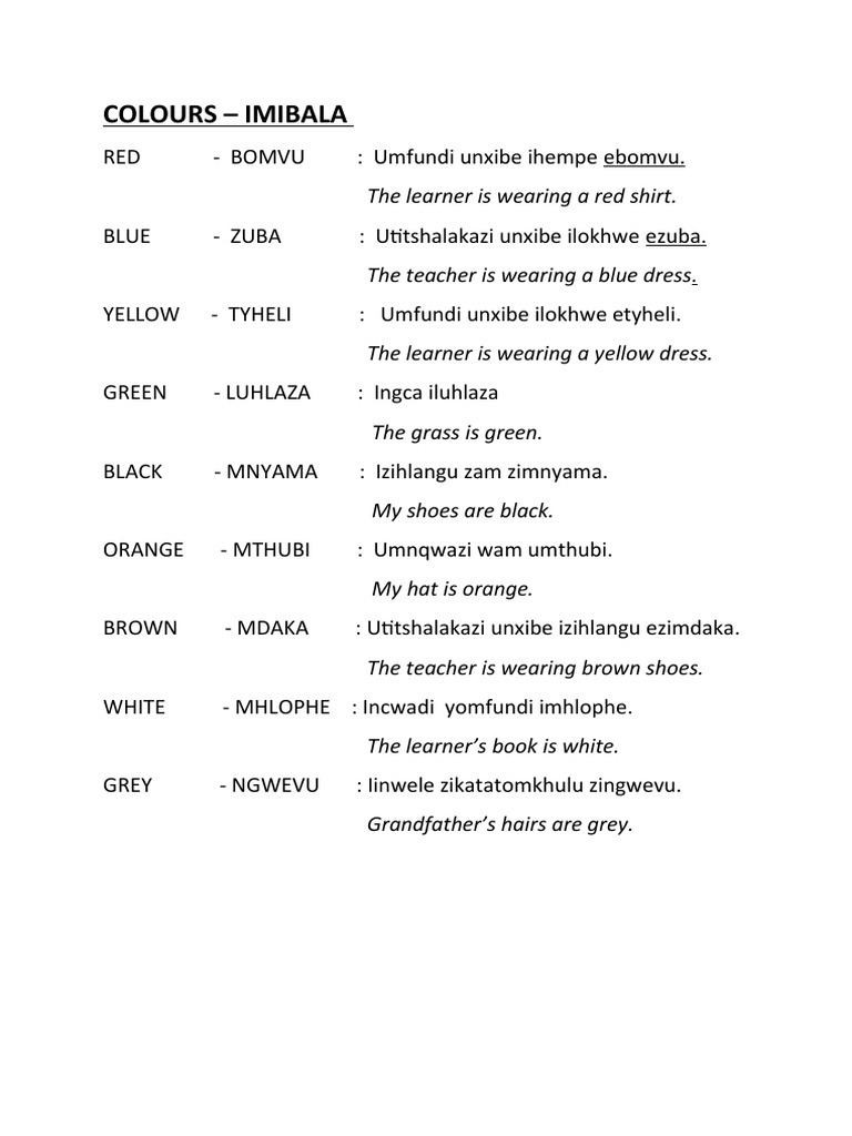 Colours in isiZulu and isiXhosa | PDF