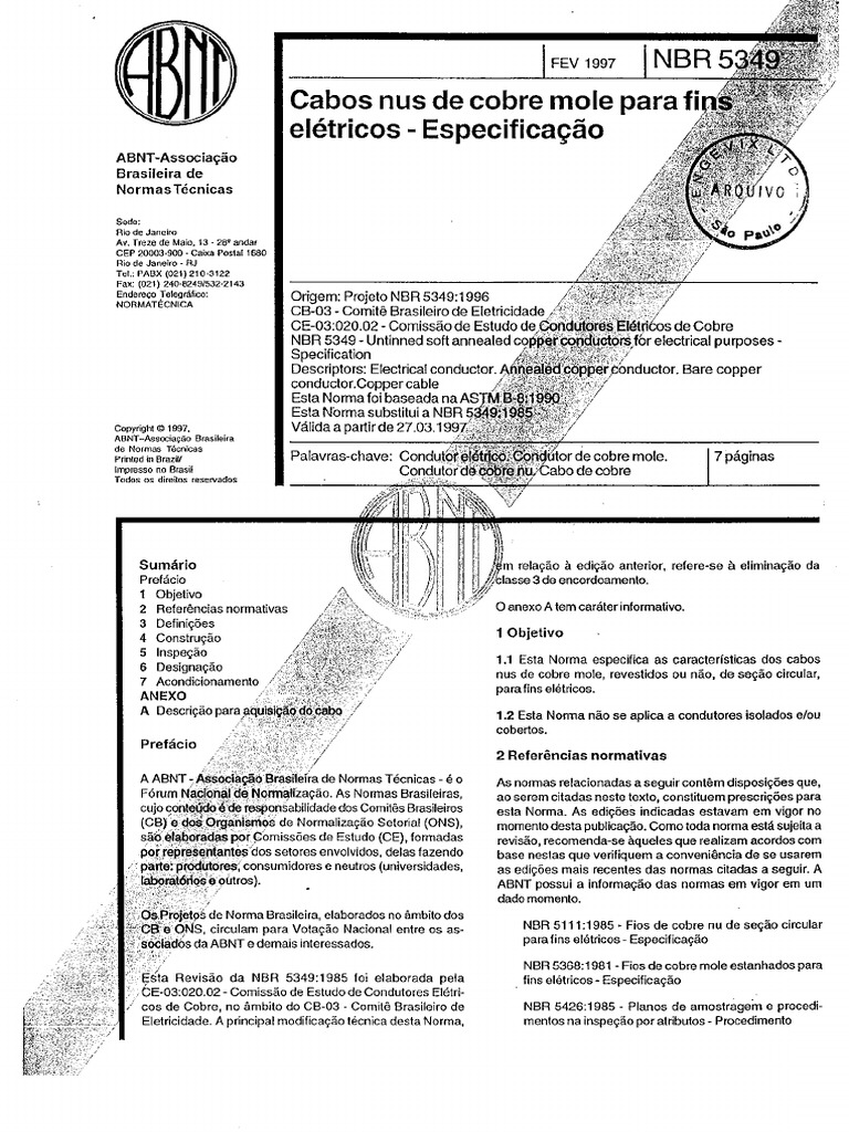 NBR 5349 - 97 - Cabos Nus de Cobre Mole para Fins Elétricos PDF | PDF