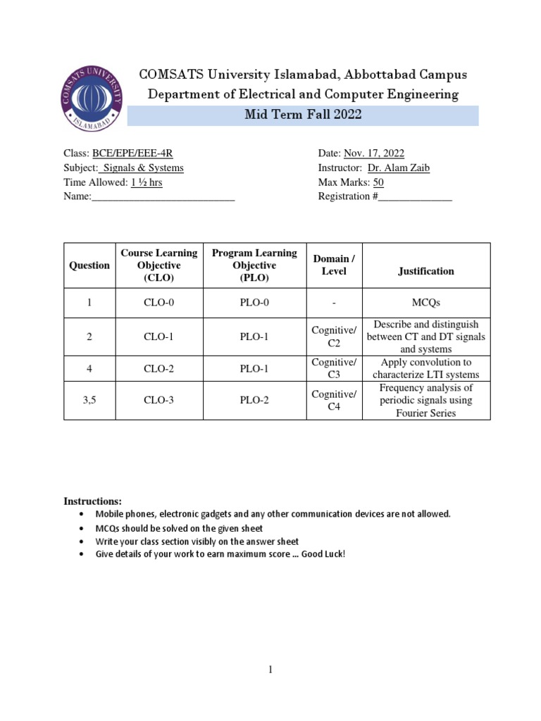 Signals & Systems Midterm Exam 2022 | PDF