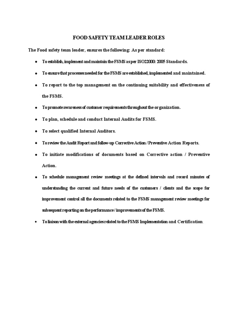 Food Safety Team Leader Roles PDF